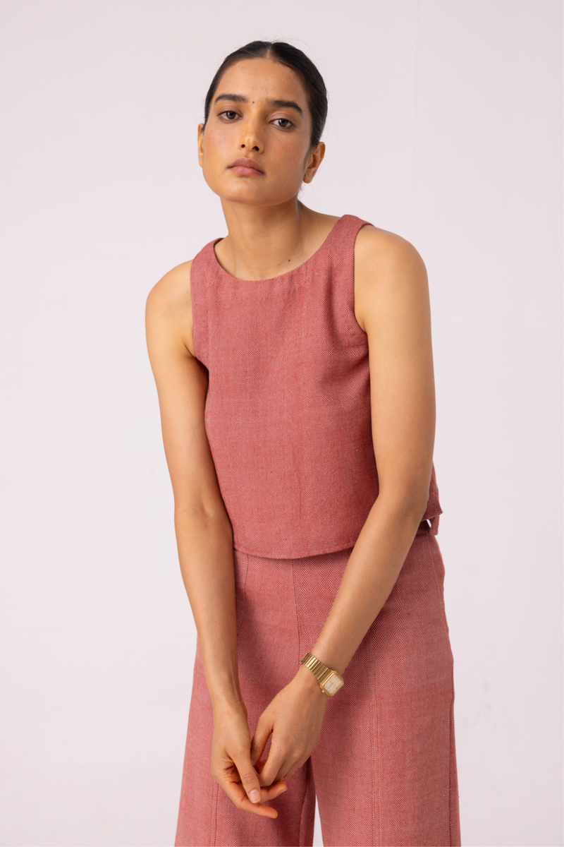 Kifli Red Handwoven Denim Top cotton by The Summer House in red color for women in Singapore