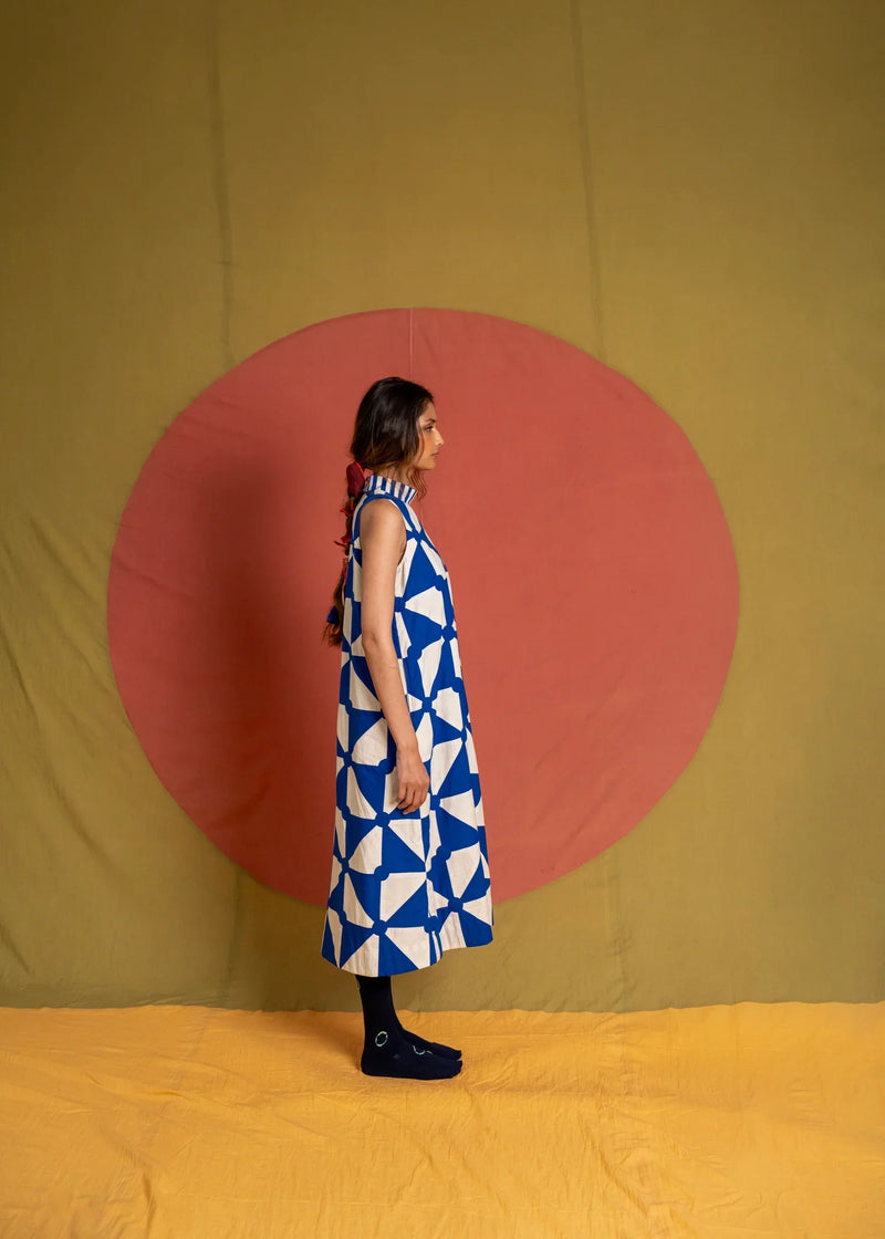 Kite Simp Dress-White and Blue cotton dress by Ka-Sha in blue for women in Singapore