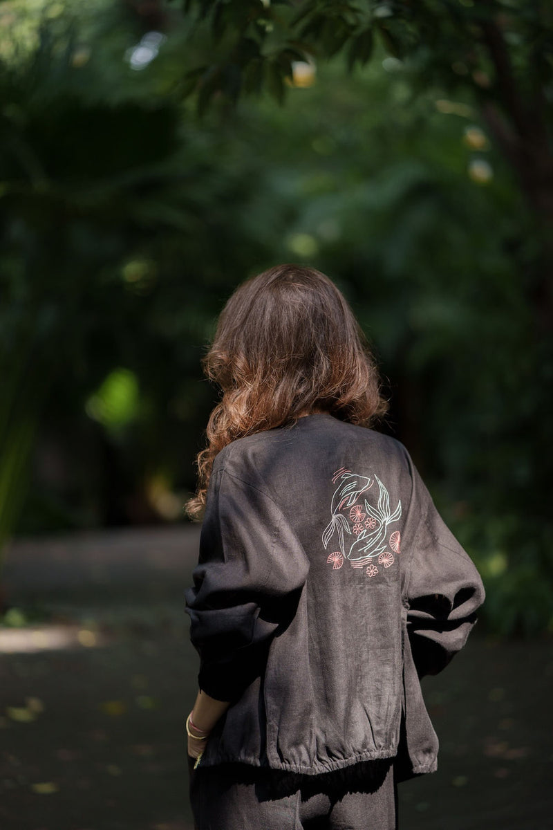 Koi Bomber linen by Zanzibar Living in black for women in Singapore