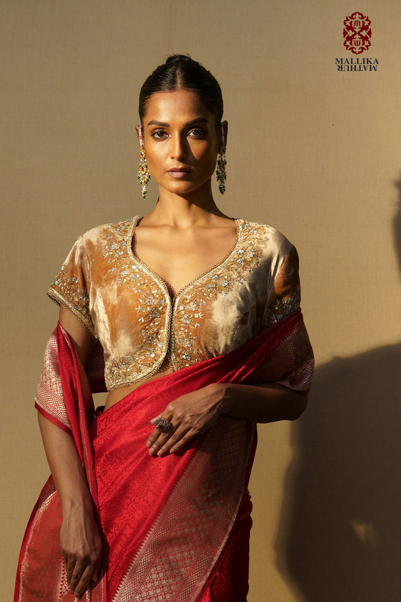 Koti velvet beige gold embroidered Buy Koti velvet beige gold embroidered from C&W | for Women by Mallika Mathur in gold color for women in Singapore
