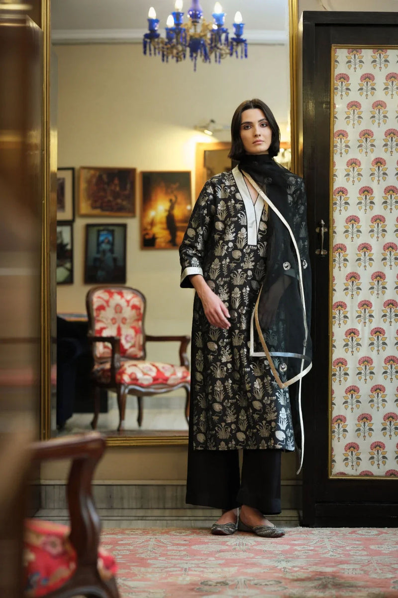 Kurta munga silk black multi buti munga silk kurta/kurta set by Malika Mathur in black for women in Singapore