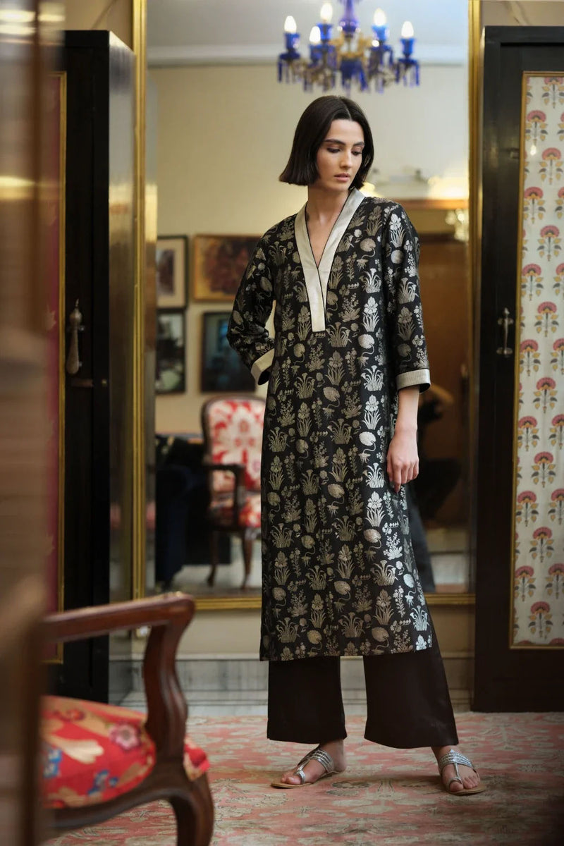 Kurta munga silk black multi buti munga silk kurta/kurta set by Malika Mathur in black for women in Singapore
