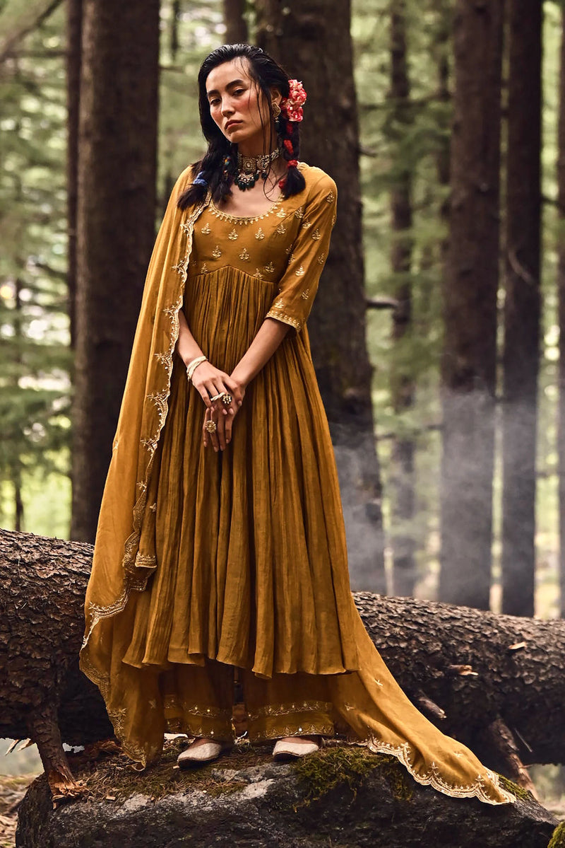 Larissa Anarkali Set – Ochre chanderi by Paulmi & Harsh-kahan Sep'26 in yellow for women in Singapore