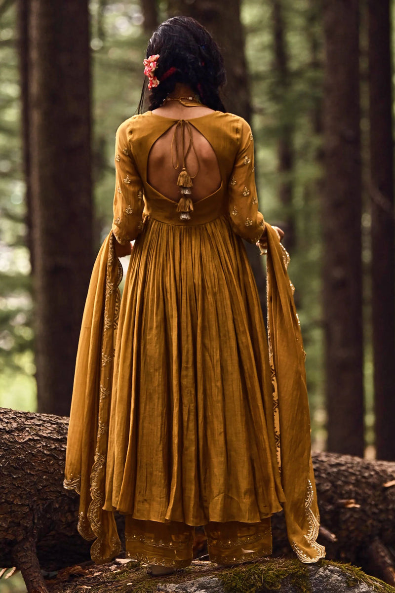 Larissa Anarkali Set – Ochre chanderi by Paulmi & Harsh-kahan Sep'26 in yellow for women in Singapore
