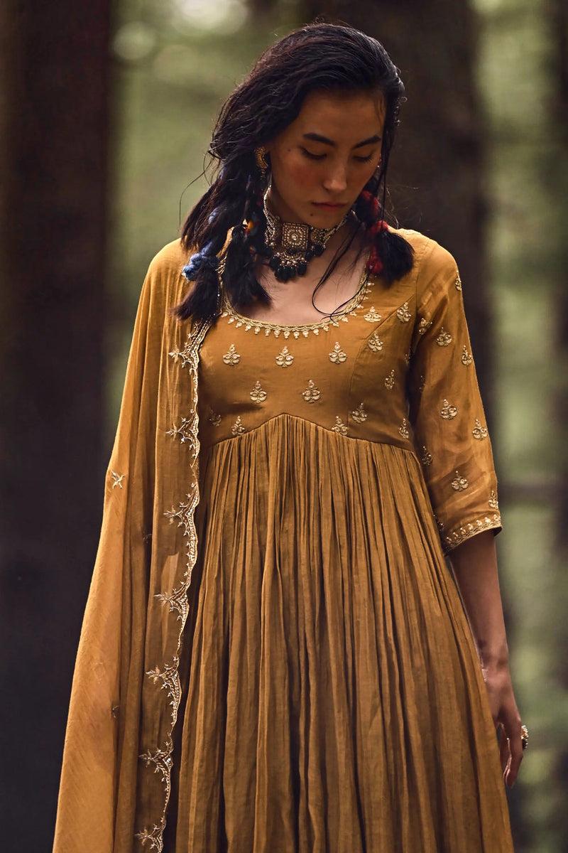 Larissa Anarkali Set – Ochre chanderi by Paulmi & Harsh-kahan Sep'26 in yellow for women in Singapore