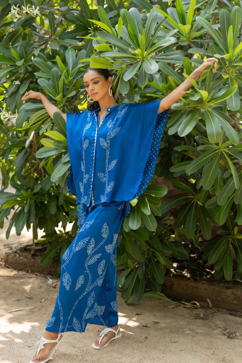 LEAF PANT SET-BLUE silk by Dyelogue in blue color for women in Singapore