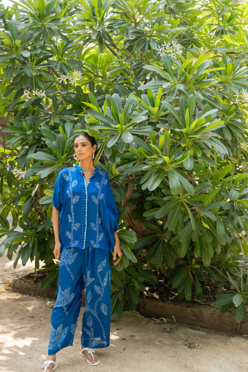 LEAF PANT SET-BLUE silk by Dyelogue in blue color for women in Singapore