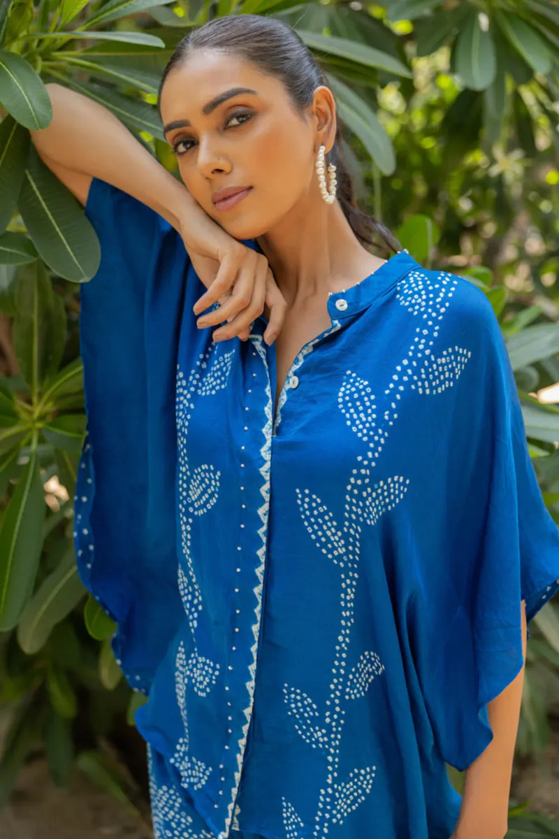 LEAF PANT SET-BLUE silk by Dyelogue in blue color for women in Singapore