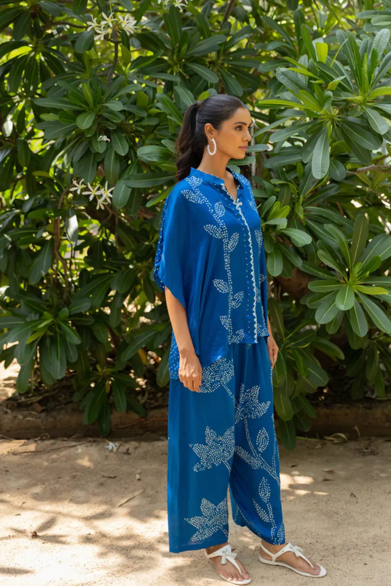 LEAF PANT SET-BLUE silk by Dyelogue in blue color for women in Singapore