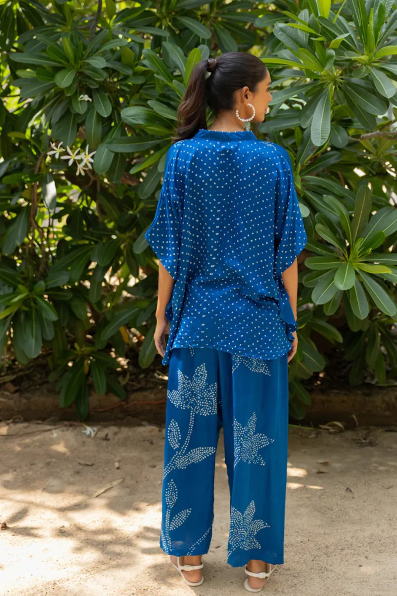 LEAF PANT SET-BLUE silk by Dyelogue in blue color for women in Singapore