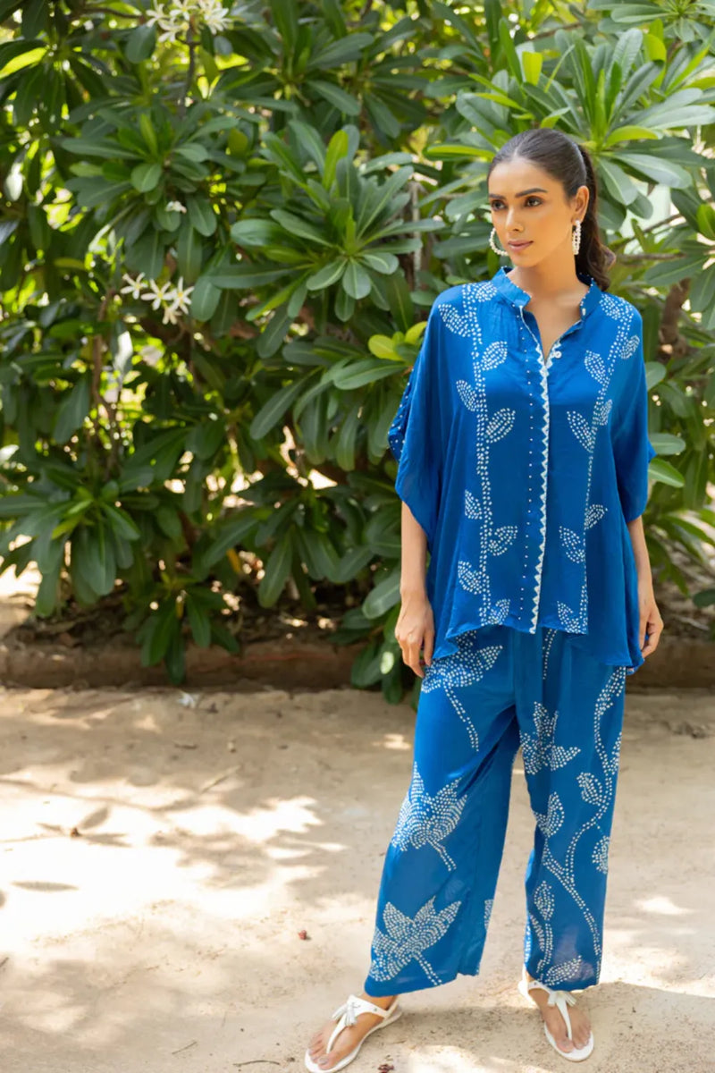 LEAF PANT SET-BLUE silk by Dyelogue in blue color for women in Singapore