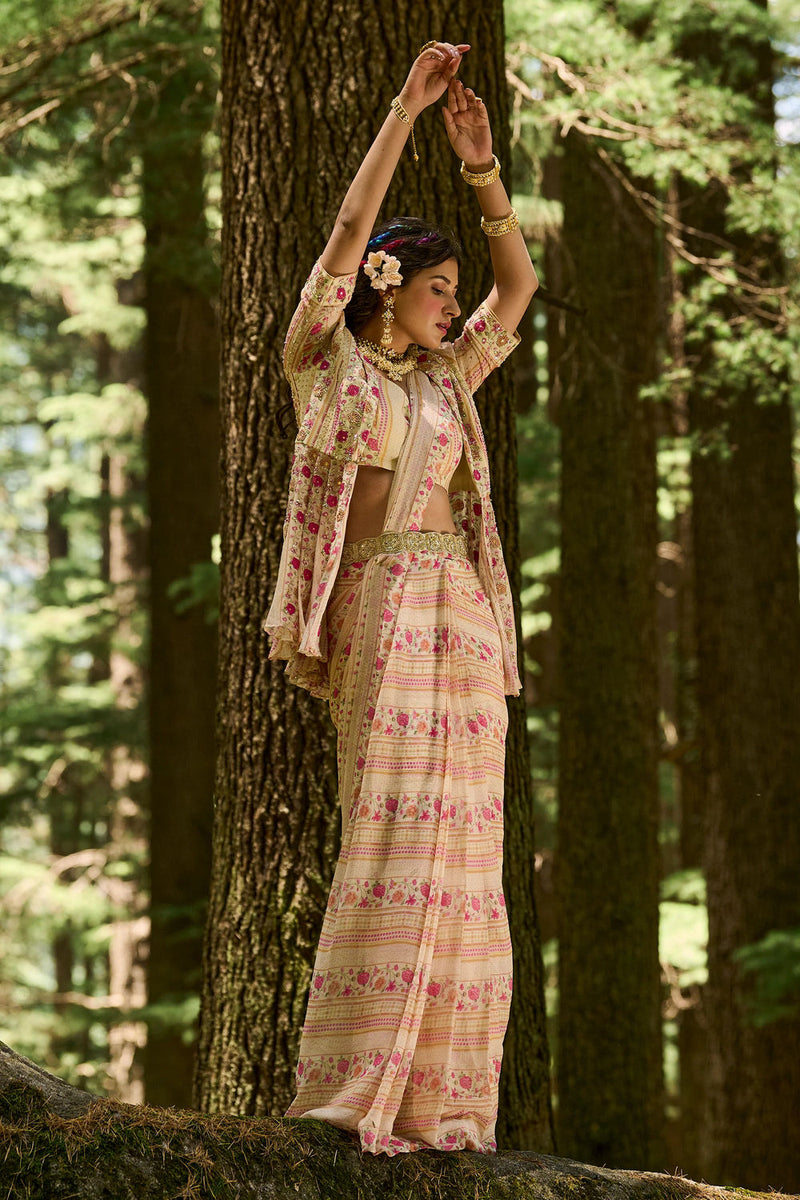 Leandra Saree Set georgettte by Paulmi & Harsh-kahan Sep'26 in off white for women in Singapore