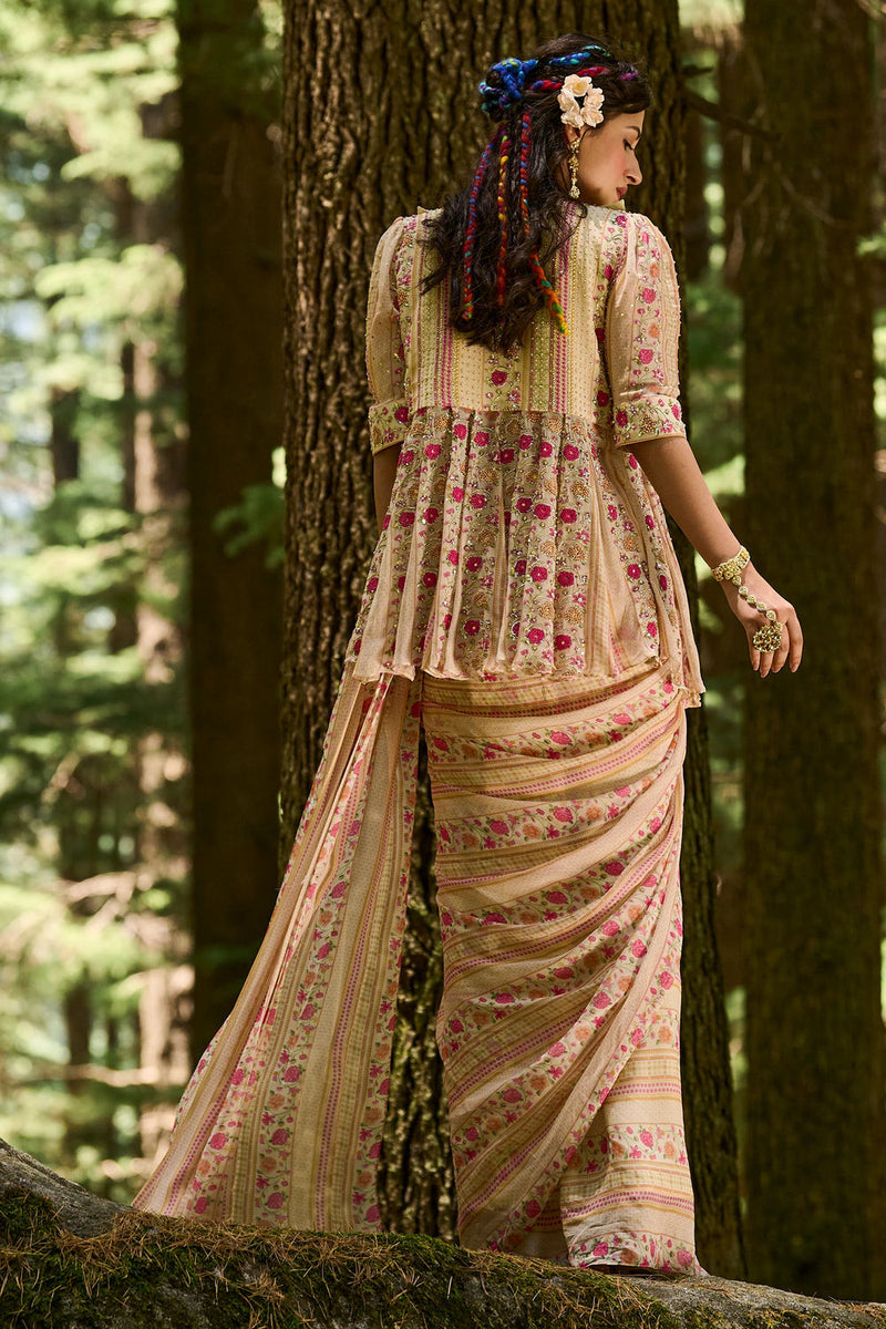 Leandra Saree Set georgettte by Paulmi & Harsh-kahan Sep'26 in off white for women in Singapore