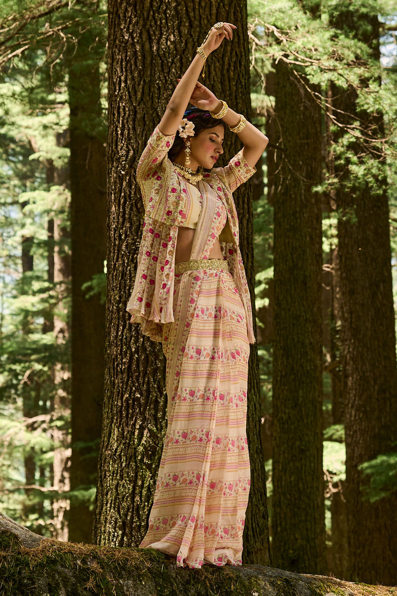 Leandra Saree Set georgettte by Paulmi & Harsh-kahan Sep'26 in off white for women in Singapore