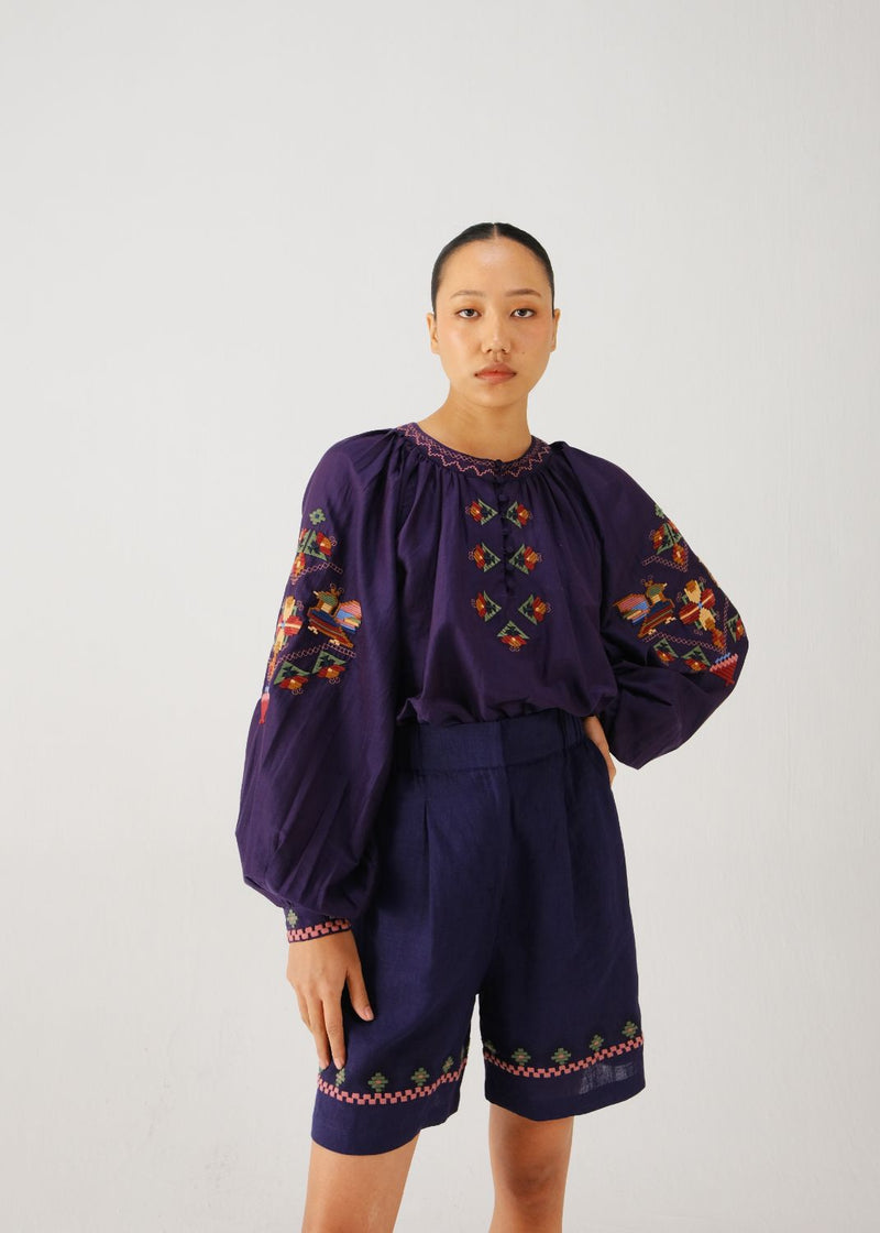 Lido set-Ink folk emb. silk by CORD for women in Singapore