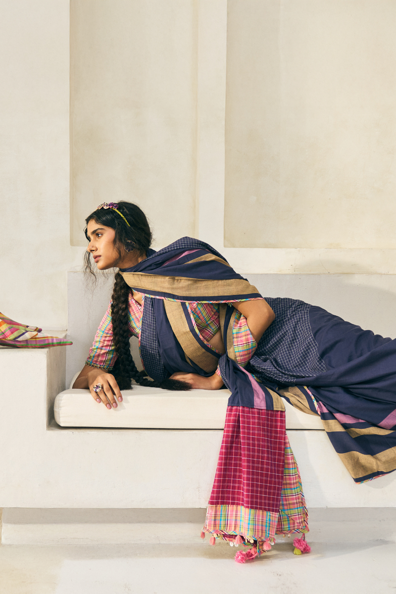 Lila Sari cotton by SWATTI KAPOOR in blue color for women in Singapore
