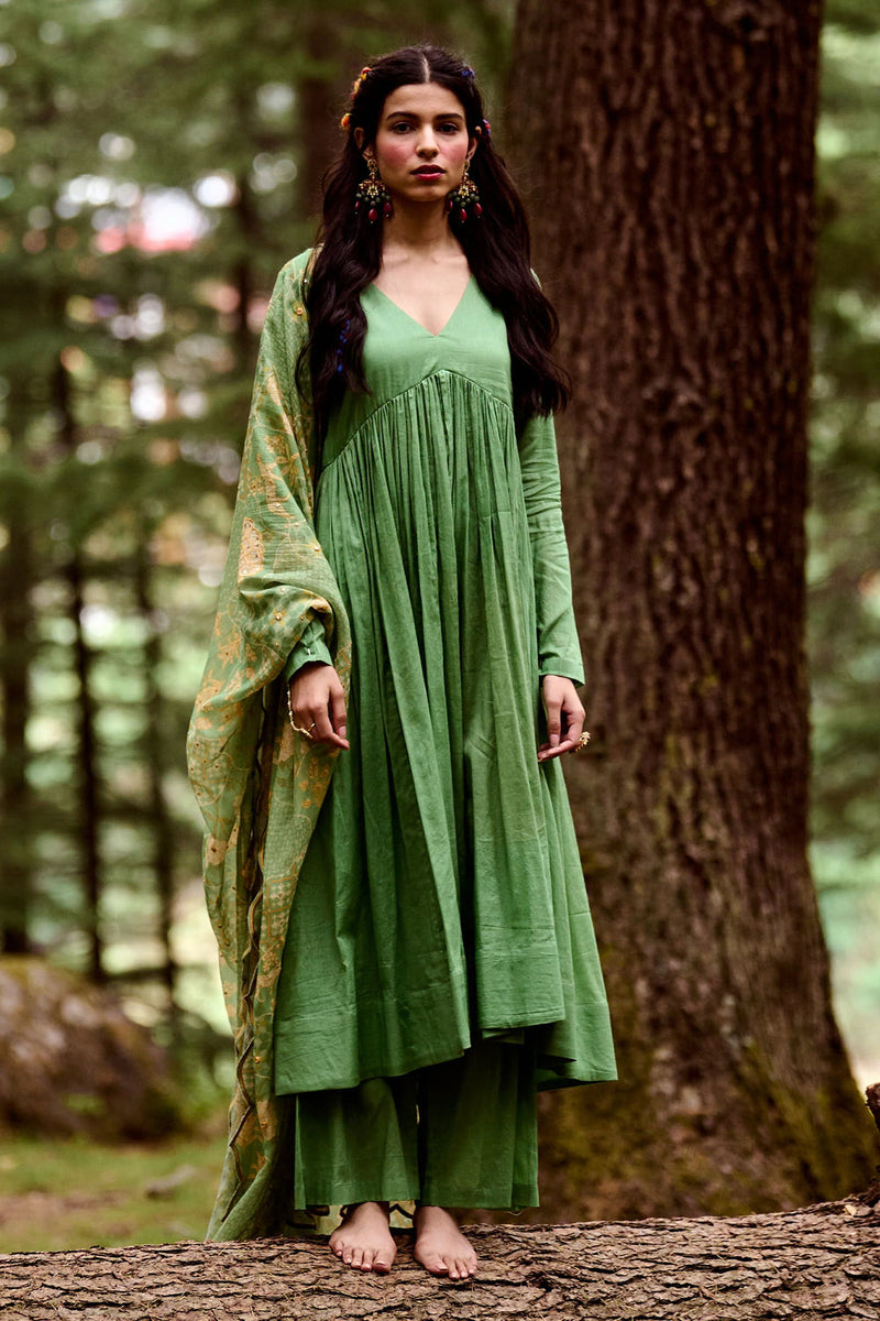 Lou Anarkali Set – Green cotton mul by Paulmi & Harsh-kahan Sep'26 in green for women in Singapore