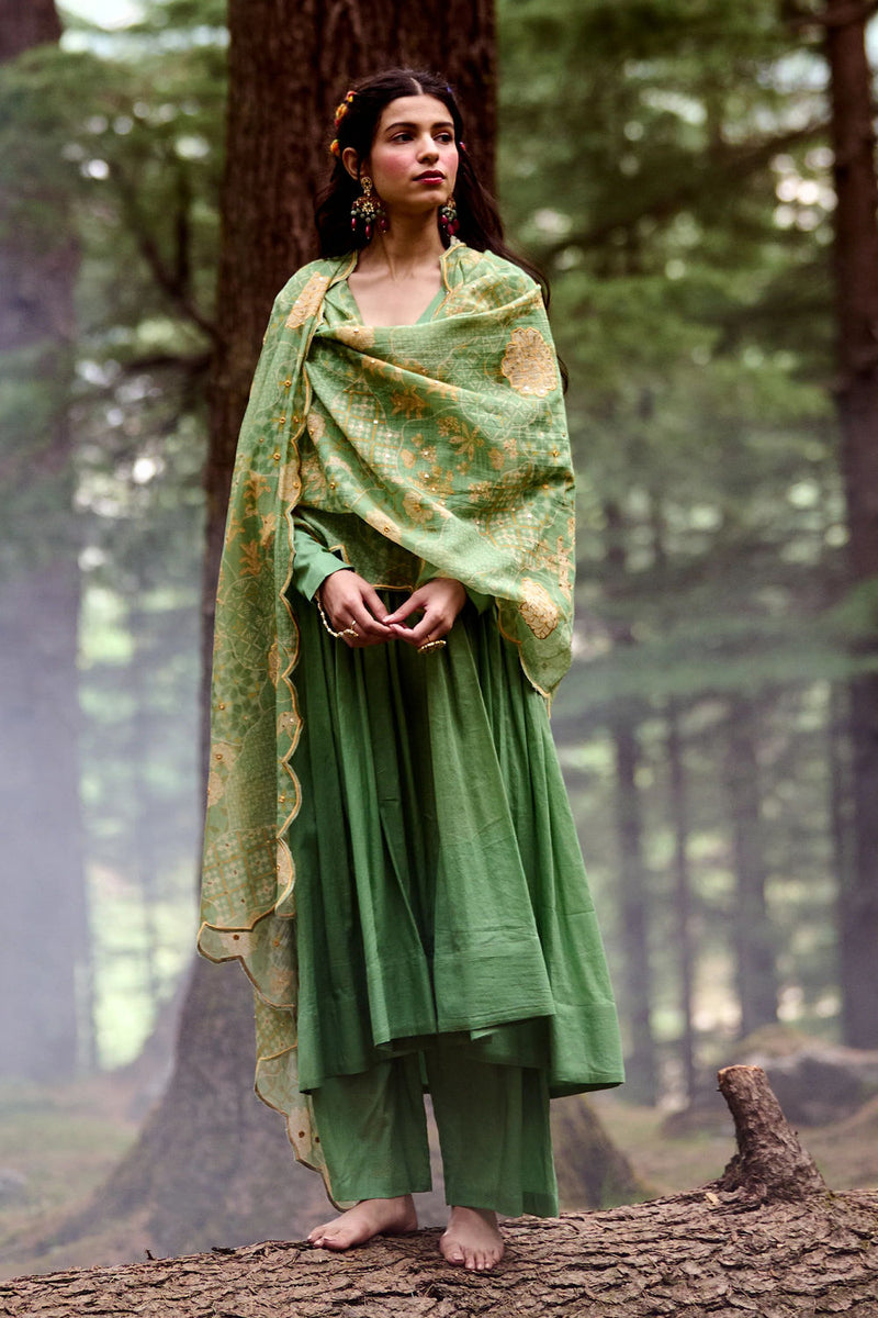 Lou Anarkali Set – Green cotton mul by Paulmi & Harsh-kahan Sep'26 in green for women in Singapore