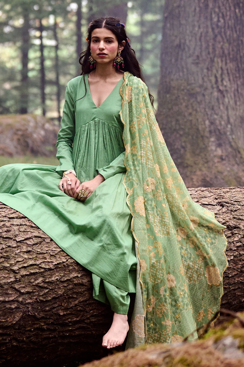 Lou Anarkali Set – Green cotton mul by Paulmi & Harsh-kahan Sep'26 in green for women in Singapore