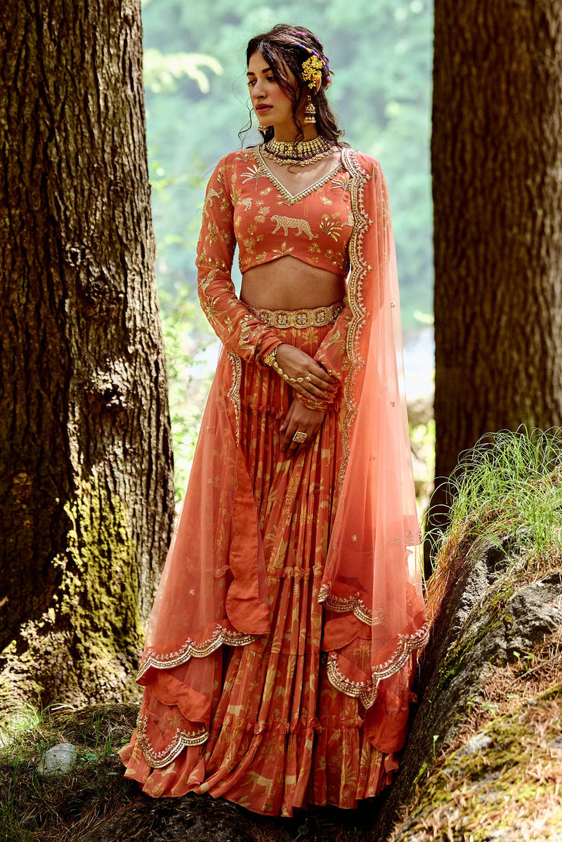 Lunar Lehenga Set georgettte by Paulmi & Harsh-kahan Sep'26 in orange for women in Singapore