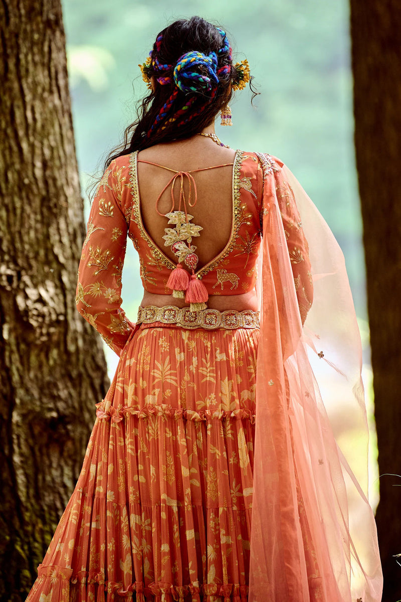 Lunar Lehenga Set georgettte by Paulmi & Harsh-kahan Sep'26 in orange for women in Singapore