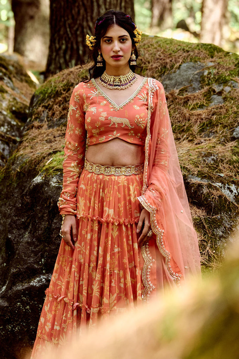 Lunar Lehenga Set georgettte by Paulmi & Harsh-kahan Sep'26 in orange for women in Singapore