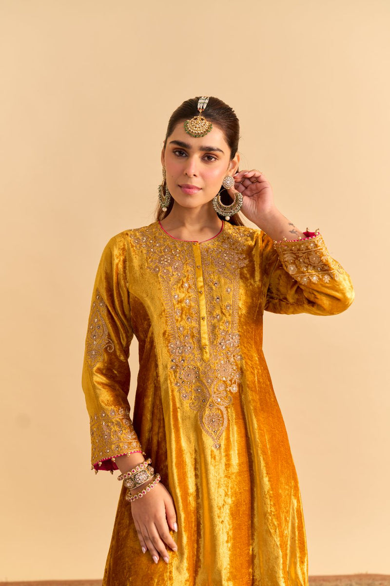 Laiba - Mustard A-line Kurta with Dhoti and Dupatta silk by SHEETAL BATRA in mustard color for women in Singapore