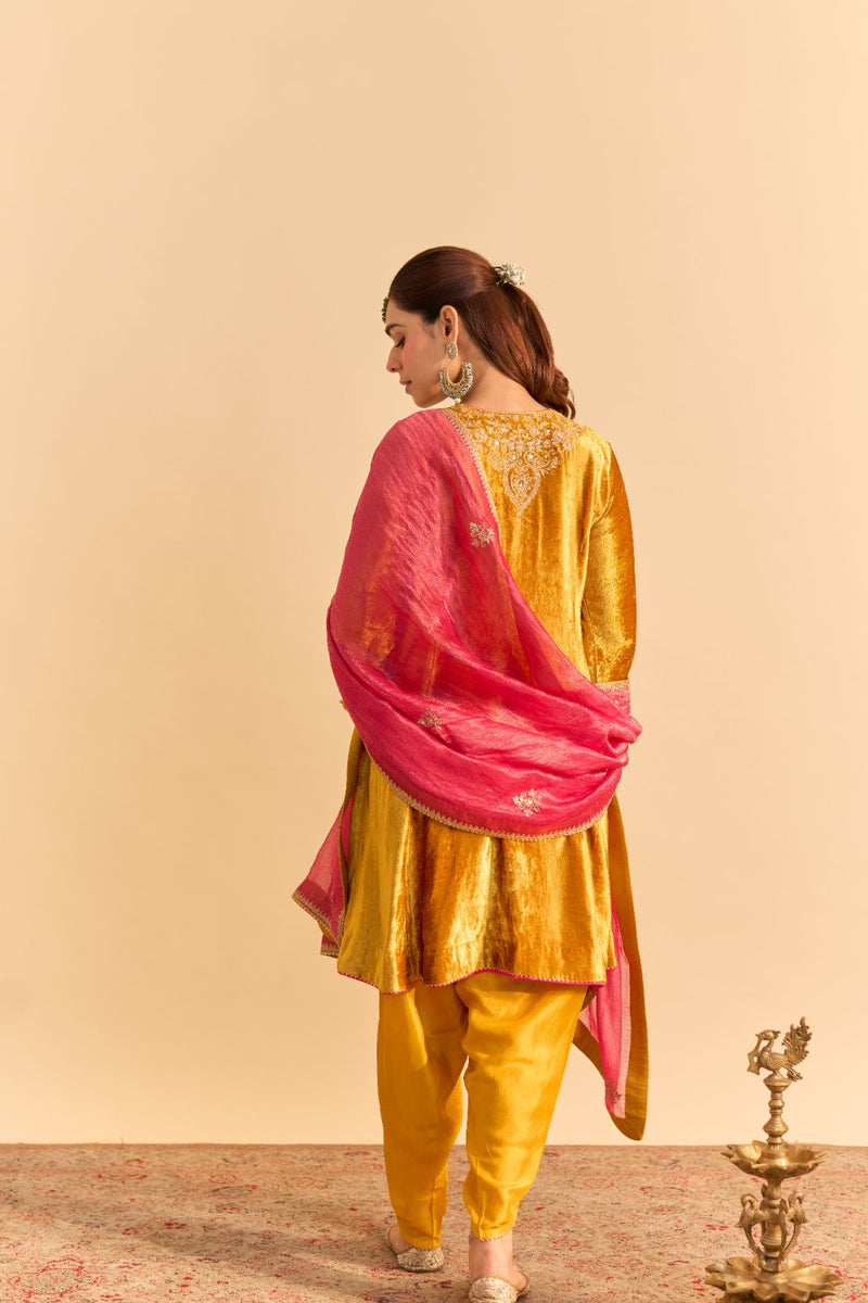 Laiba - Mustard A-line Kurta with Dhoti and Dupatta silk by SHEETAL BATRA in mustard color for women in Singapore