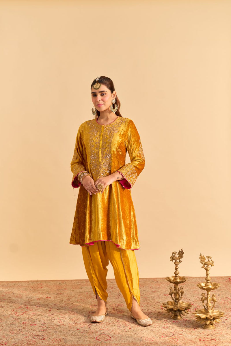 Laiba - Mustard A-line Kurta with Dhoti and Dupatta silk by SHEETAL BATRA in mustard color for women in Singapore
