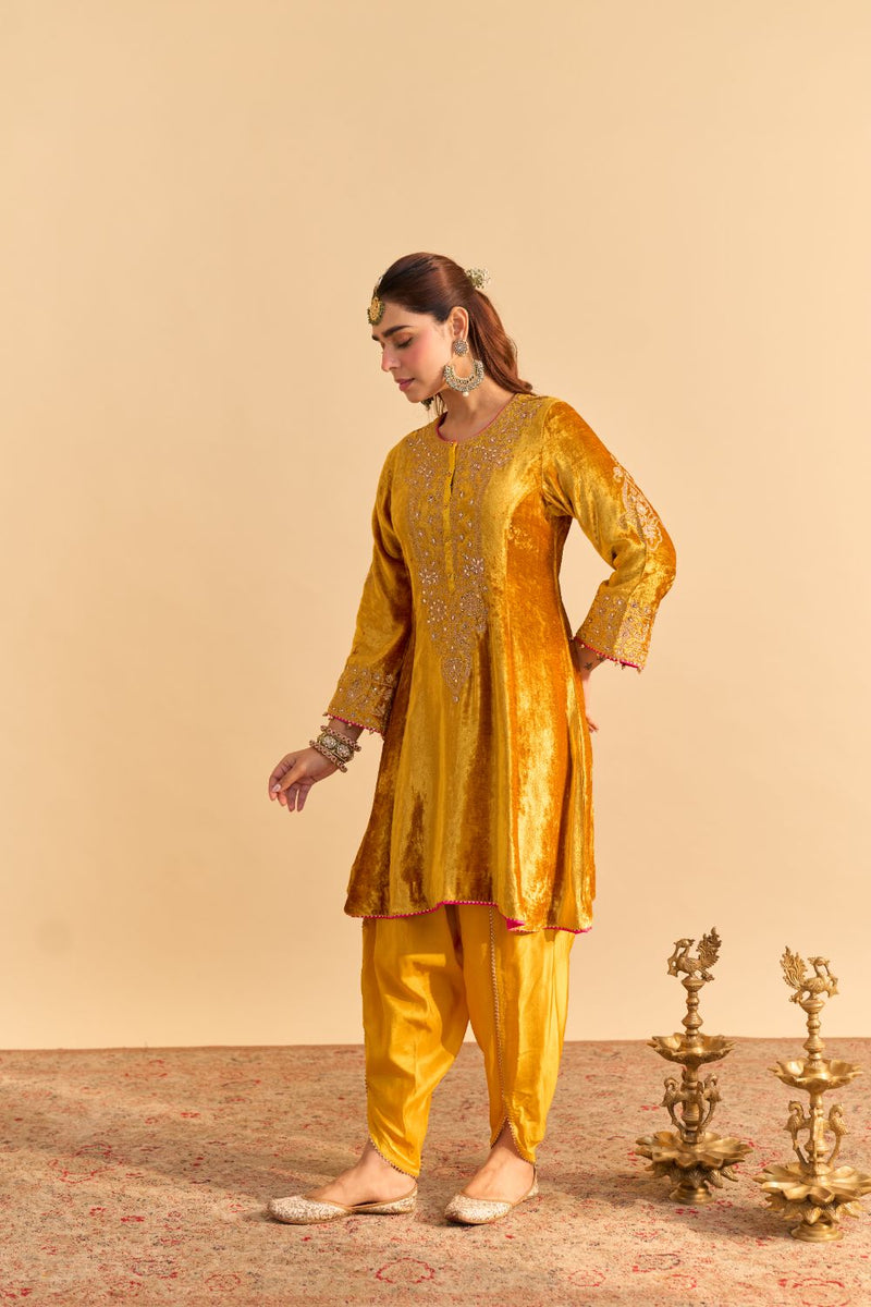 Laiba - Mustard A-line Kurta with Dhoti and Dupatta silk by SHEETAL BATRA in mustard color for women in Singapore