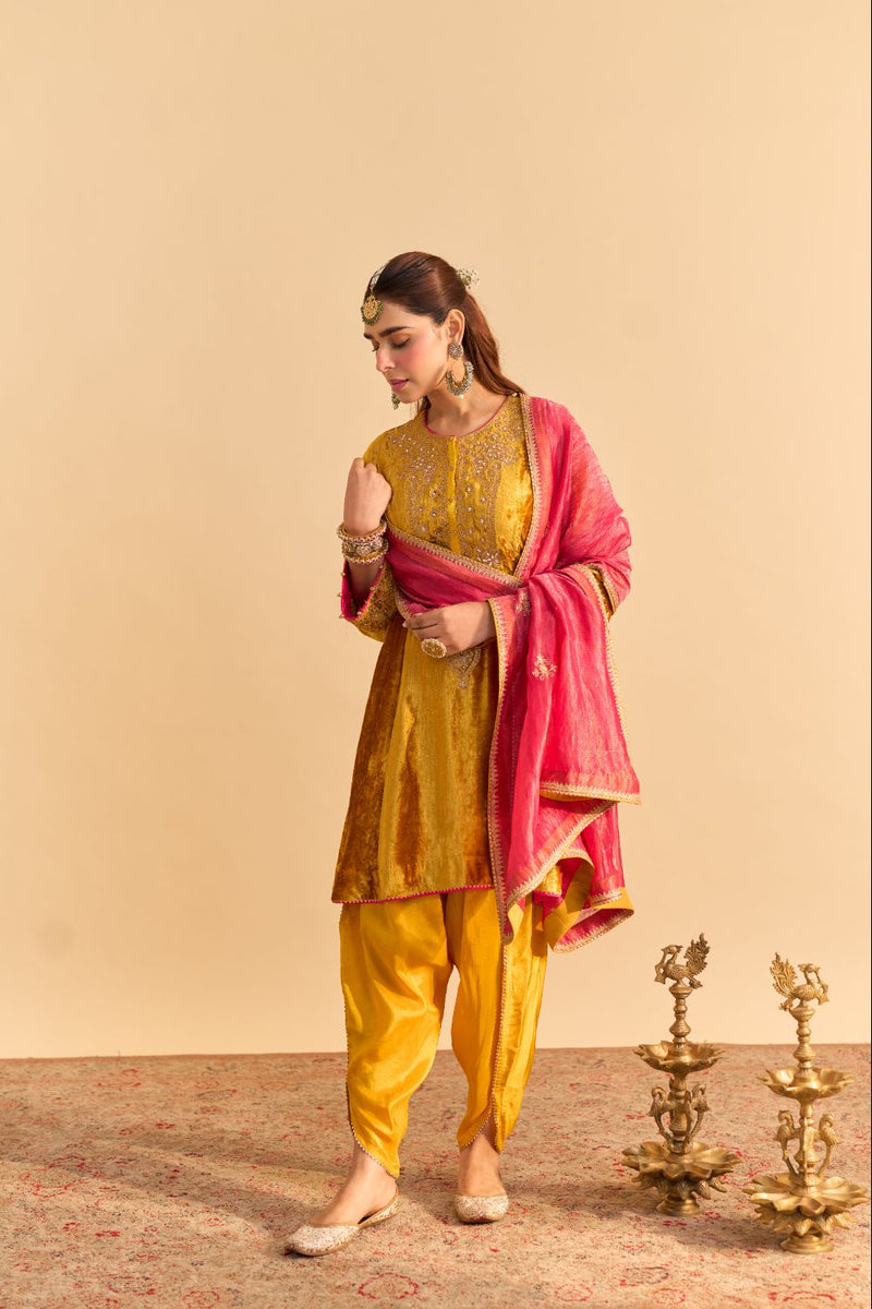 Laiba - Mustard A-line Kurta with Dhoti and Dupatta silk by SHEETAL BATRA in mustard color for women in Singapore