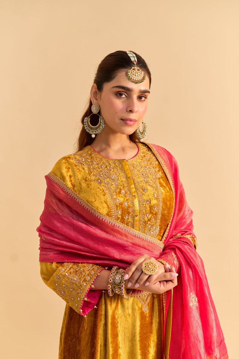 Laiba - Mustard A-line Kurta with Dhoti and Dupatta silk by SHEETAL BATRA in mustard color for women in Singapore