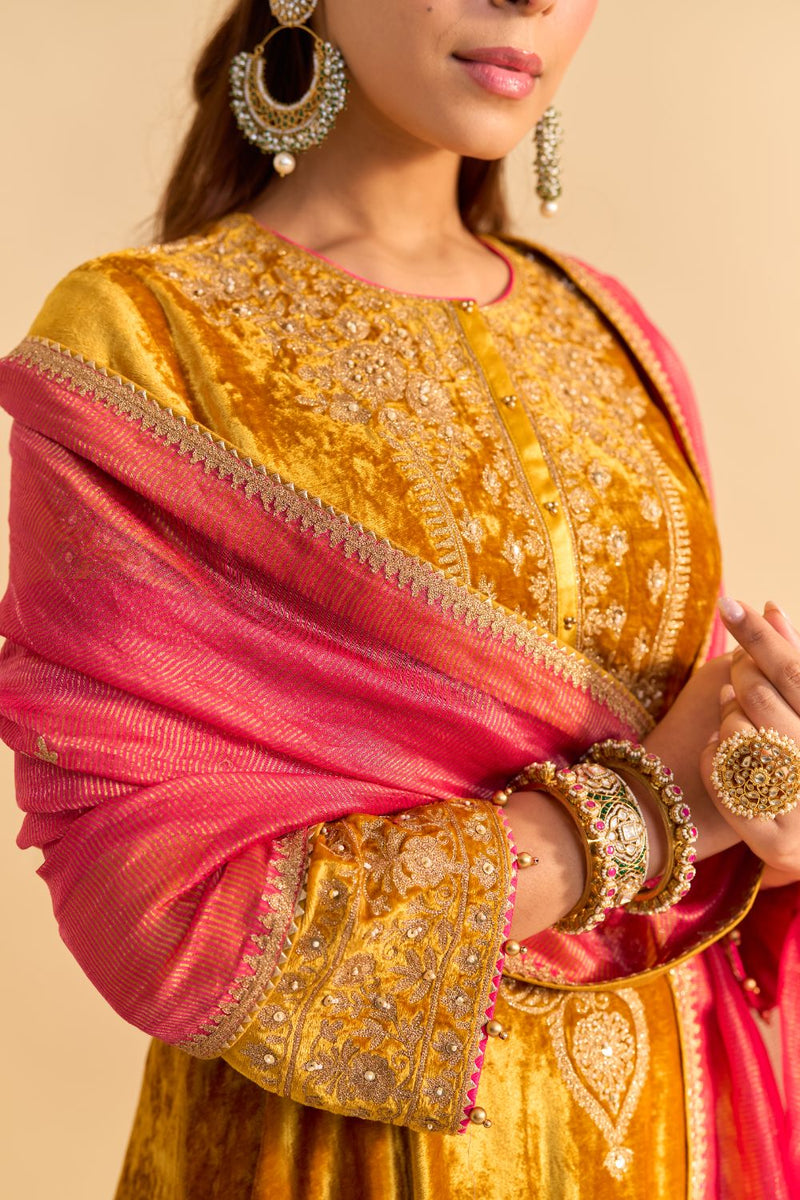 Laiba - Mustard A-line Kurta with Dhoti and Dupatta silk by SHEETAL BATRA in mustard color for women in Singapore