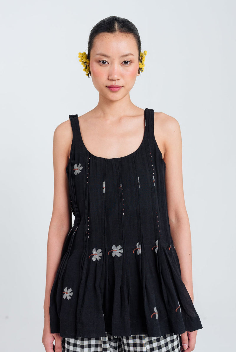 Leap Jamdani Pleated Top jamdani top/shirt by JodiLife in black for women in Singapore