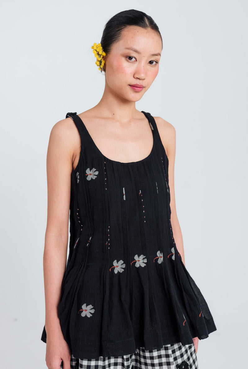 Leap Jamdani Pleated Top jamdani top/shirt by JodiLife in black for women in Singapore