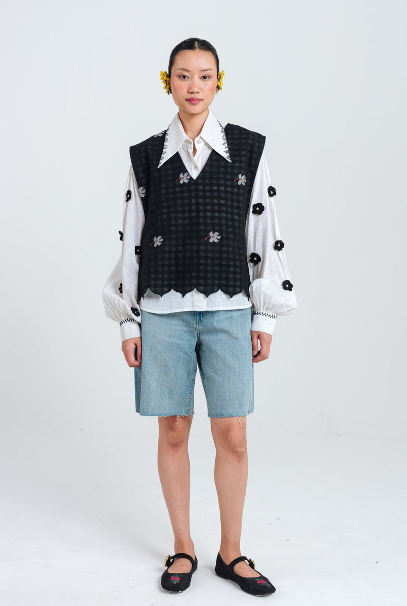 Leap Jamdani Scallop Overlay jamdani jacket/overlay by JodiLife in black for women in Singapore