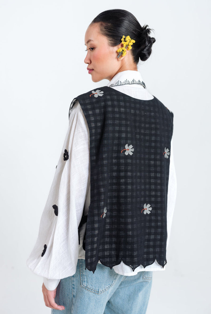 Leap Jamdani Scallop Overlay jamdani jacket/overlay by JodiLife in black for women in Singapore