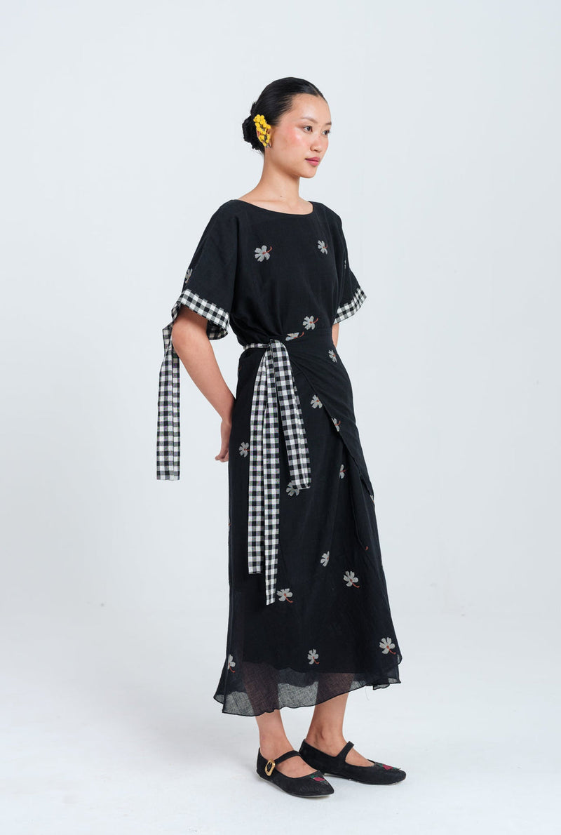 Leap Jamdani Tie-Up Dress jamdani dress by JodiLife in black for women in Singapore