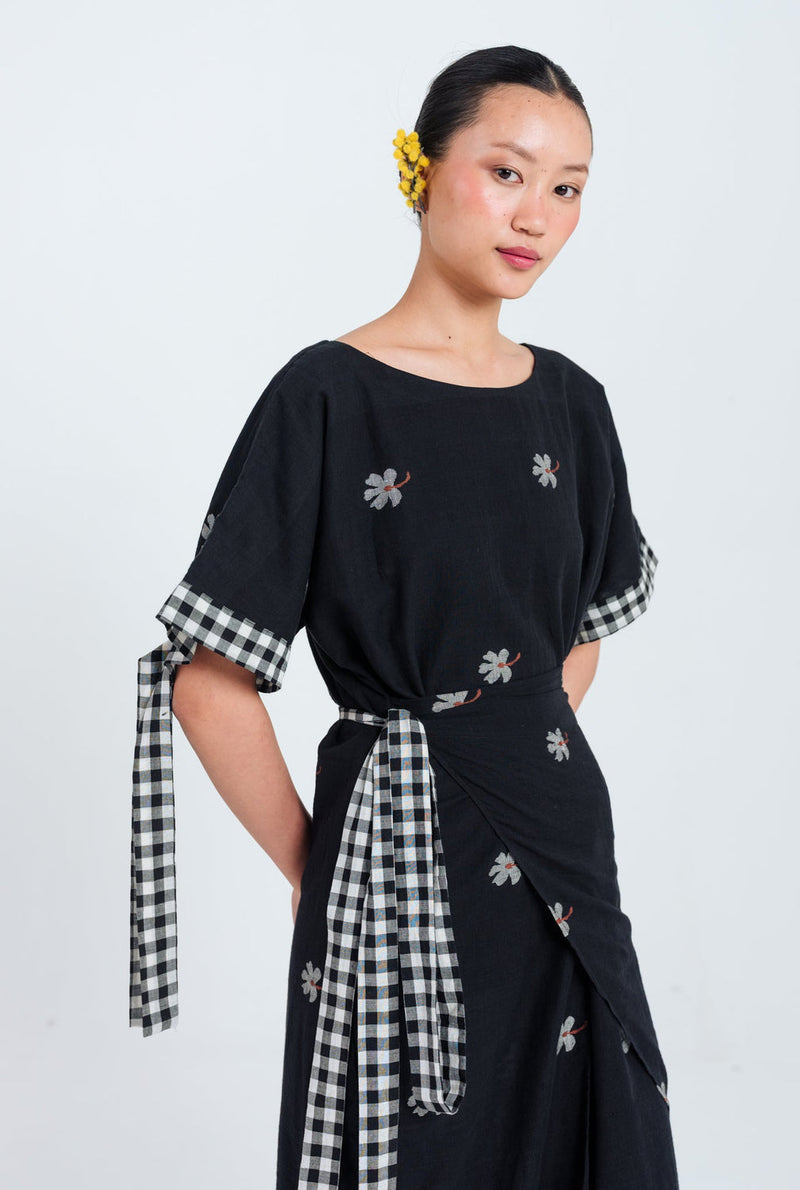 Leap Jamdani Tie-Up Dress jamdani dress by JodiLife in black for women in Singapore