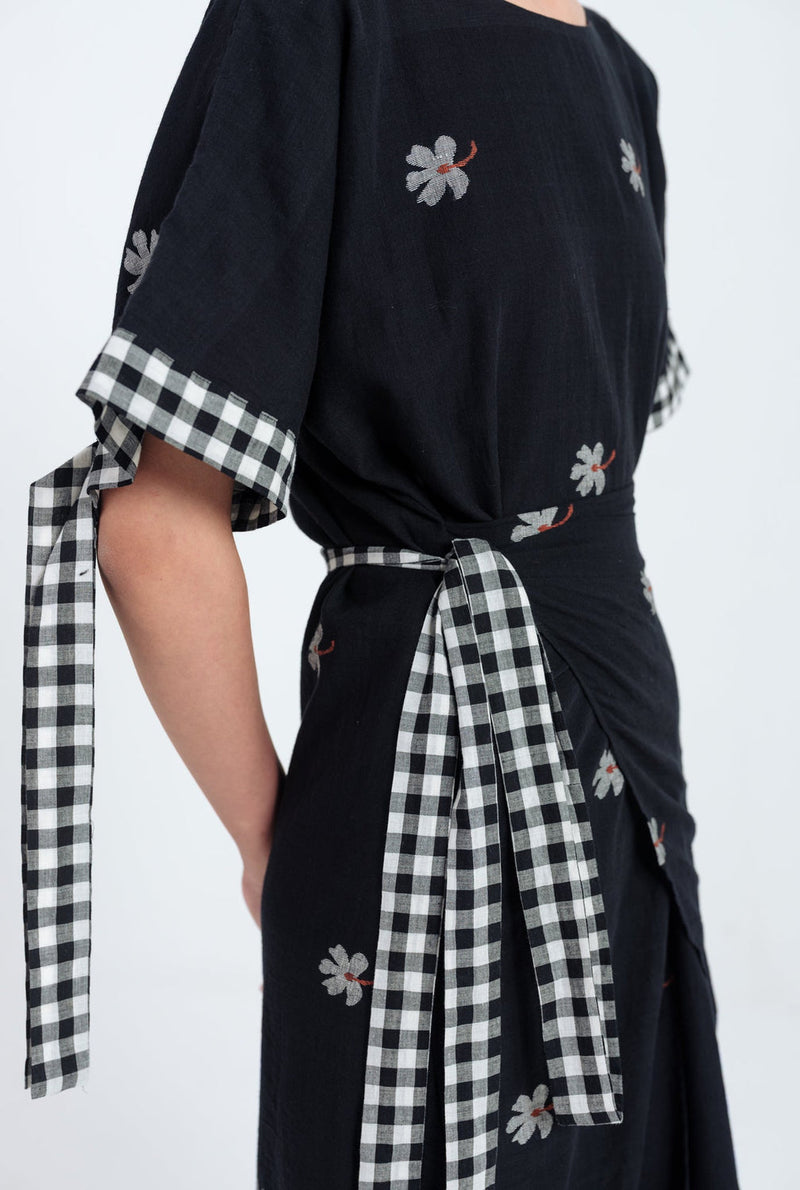Leap Jamdani Tie-Up Dress jamdani dress by JodiLife in black for women in Singapore