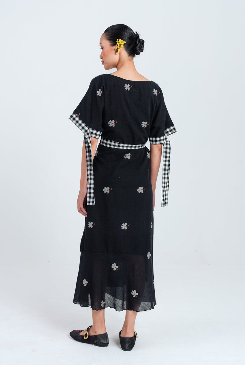 Leap Jamdani Tie-Up Dress jamdani dress by JodiLife in black for women in Singapore