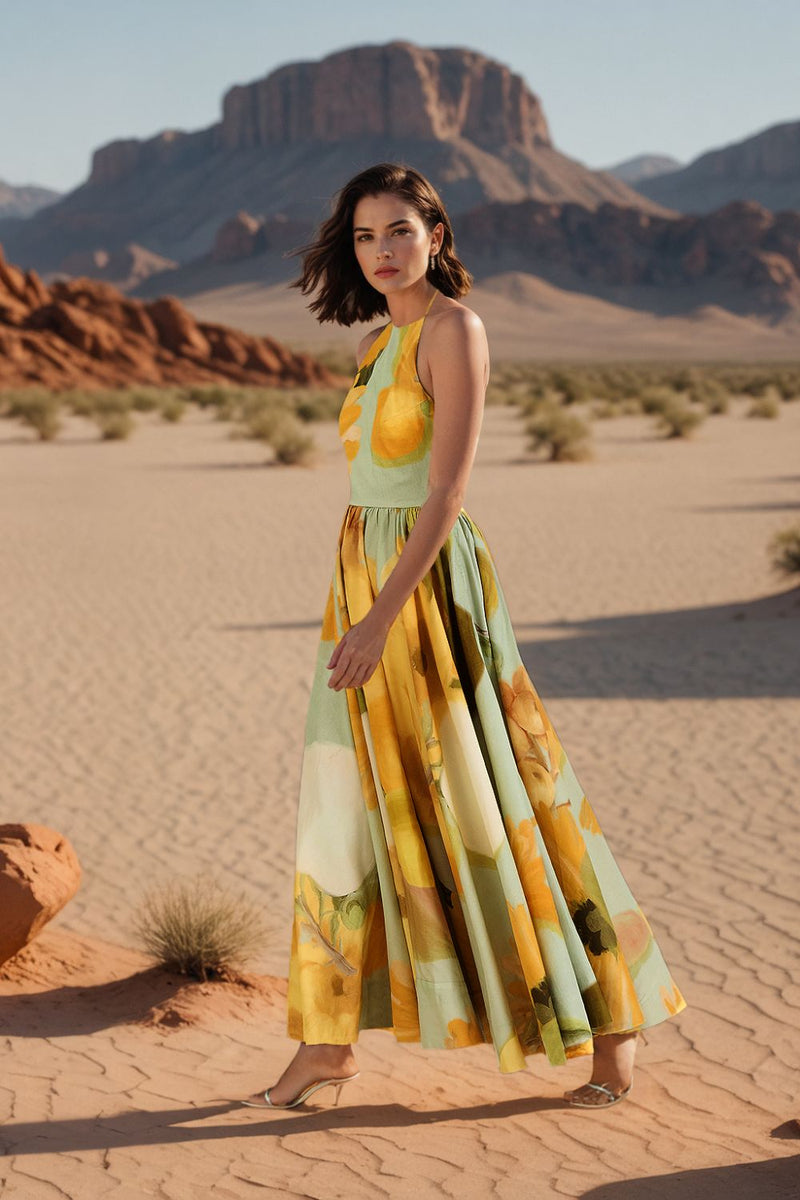 LEMONADE HALTER NECK DRESS satin by Yam in yellow color for women in Singapore
