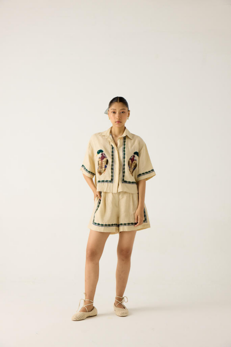 LEO SET-IVORY DUCK APPLIQUE (AVA SHIRT+ APPLIQUE SHORTS) linen by CORD in multi for women in Singapore