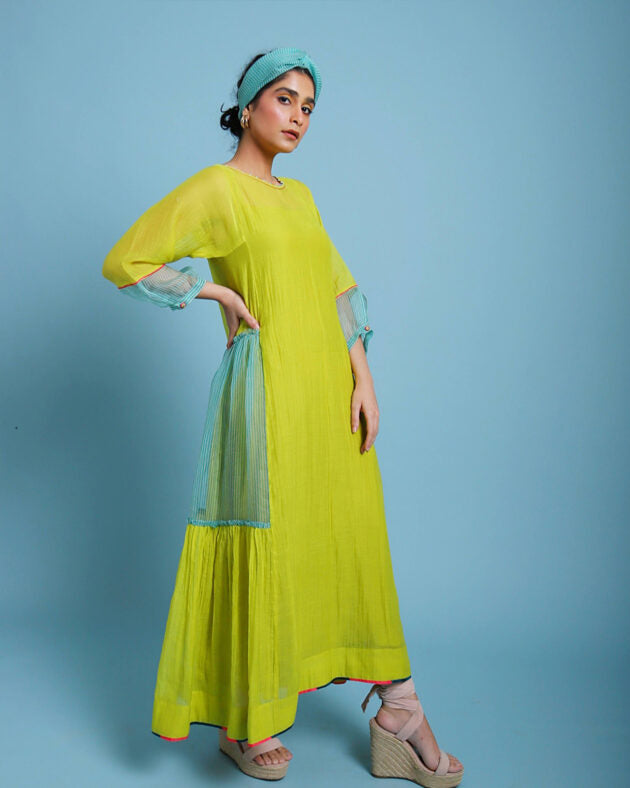 Life In Pink Striped Side Panel Puckering Dress chanderi by Rajiramniq in yellow color for women in Singapore