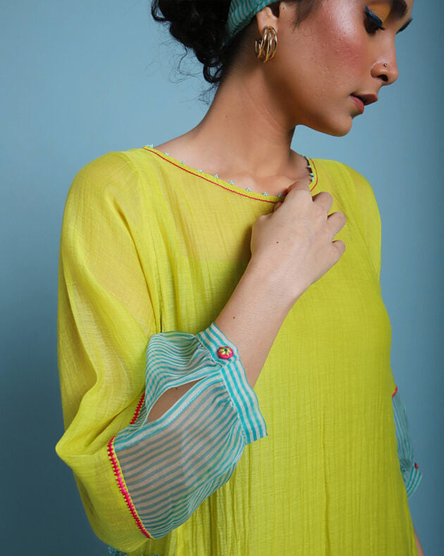 Life In Pink Striped Side Panel Puckering Dress chanderi by Rajiramniq in yellow color for women in Singapore