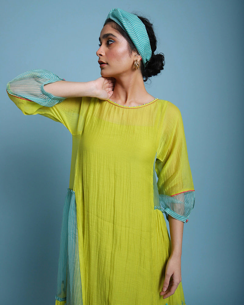 Life In Pink Striped Side Panel Puckering Dress chanderi by Rajiramniq in yellow color for women in Singapore