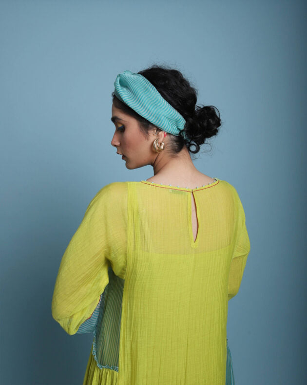 Life In Pink Striped Side Panel Puckering Dress chanderi by Rajiramniq in yellow color for women in Singapore