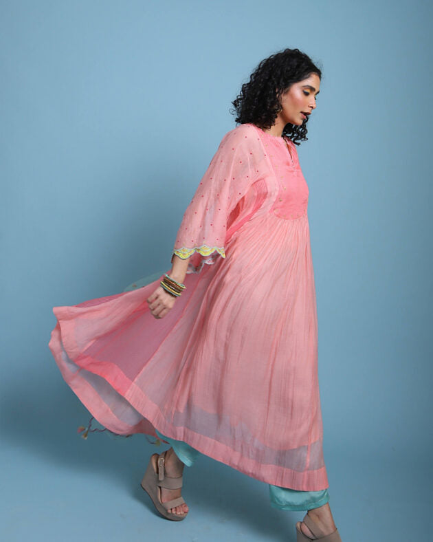 Life in Pink Organza Anarkali chanderi by Rajiramniq in pink color for women in Singapore