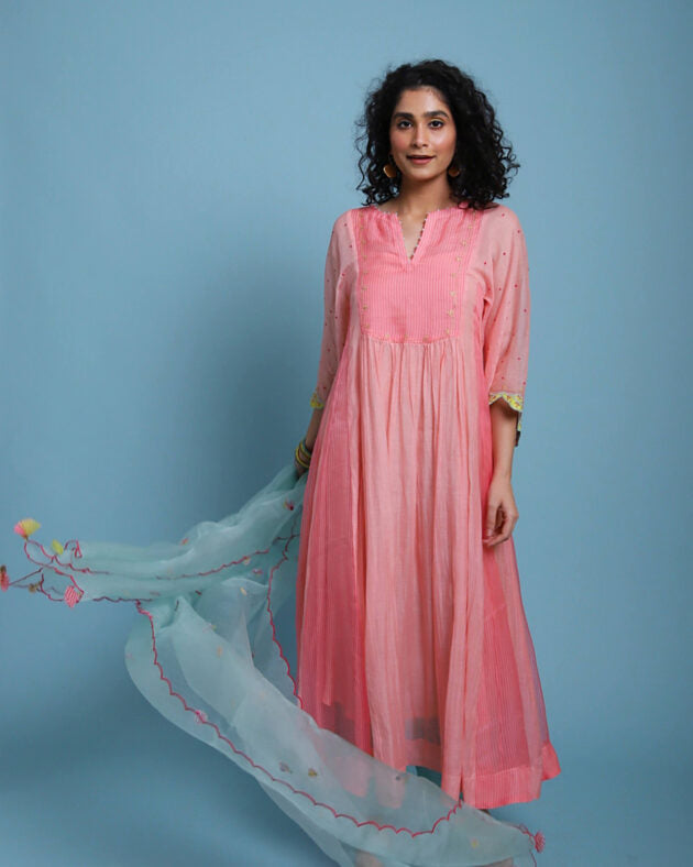 Life in Pink Organza Anarkali chanderi by Rajiramniq in pink color for women in Singapore