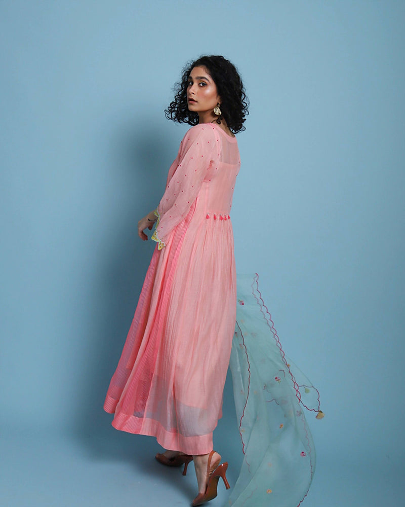 Life in Pink Organza Anarkali chanderi by Rajiramniq in pink color for women in Singapore